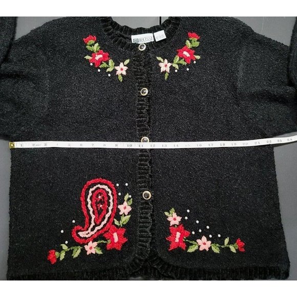 Vintage Russ Women's Button Front Sweater Cardigan Floral Pearls Black Size Lg - Picture 13 of 14